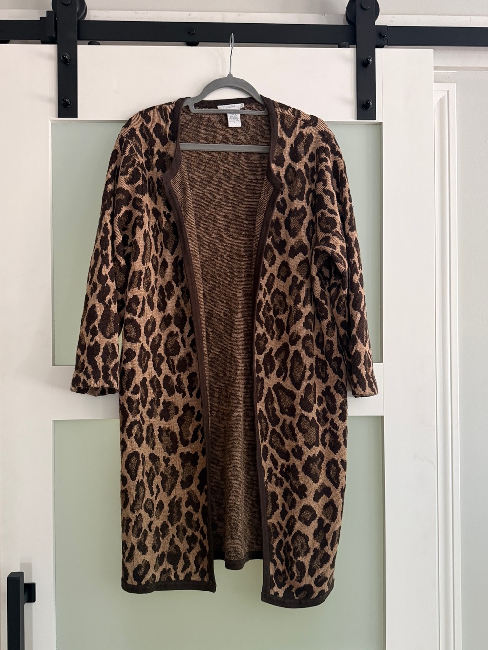 Joan Vass Leopard Print Open Front Cardigan Sweater